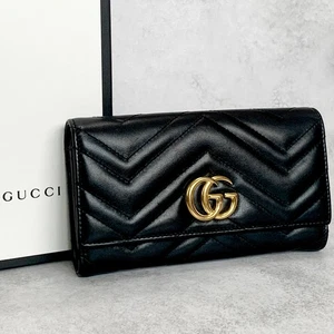 GUCCI Long Wallet GG Marmont Quilted Flap Geldbörse Leder Schwarz Gold Unisex Auth - Bild 1 von 24