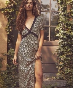 Free People Marley Maxikleid XS schwarz creme V-Ausschnitt Spitzenbesatz Boho romantisch - Bild 1 von 8
