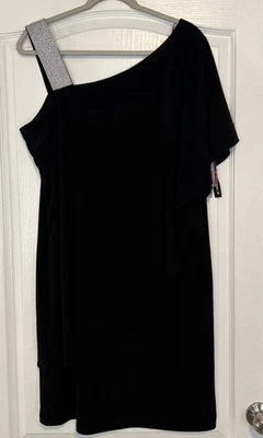 Vestido preto assimétrico feminino R&M Richards alça de diamante tamanho 16 NOVO COM ETIQUETAS - Imagem 1 de 4