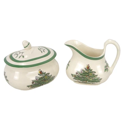 Spode Christmas Tree Creamer and Sugar Bowl with Lid England Vintage NOB - Image 1 of 4