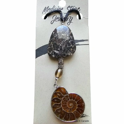 Collar colgante doble fósil de amonita piedra medicina cuarzo ahumado Foto 1 de 4