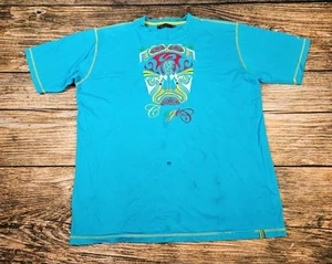 Vintage Y2K Coogi Herren 3XL blau T-Shirt Baumwolle bestickt Tiki Krieger Azteken MÄNGEL - Bild 1 von 12