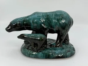 VTG Blue Mountain Pottery (BMP) Green Glaze Mama Polar Bear & Cub Figurine RARE - Picture 1 of 14