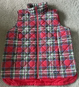 Land’s End Women Quilted Puffer Vest Zip Up Red Green Blue White Plaid XL 18 - Picture 1 of 10