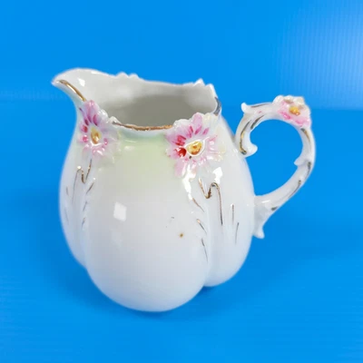 Porcelain Creamer Pitcher Floral Gold Trim Pink Flowers Scalloped Rim Vintage - Image 1 of 4