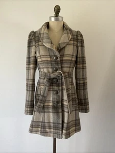 FOREVER NEW Size 10 Wool Blend Plaid Check Coat Pockets Tie Waist Lined - Picture 1 of 20