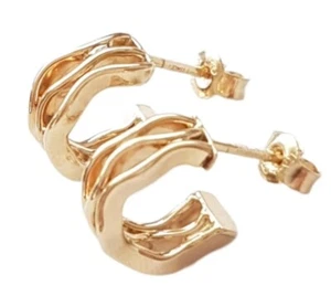 Solid 9ct Gold Hoop Earrings. Small Cuff. Wave Design. Yellow Gold. 12mm. 375. - Picture 1 of 10