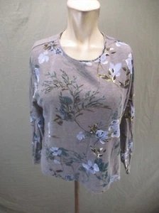 Croft&Barrow Size M Womens Gray Floral 100% Cotton Crew Neck 3/4 Sleeve Top 362 - Picture 1 of 9
