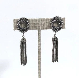 Foxtail Tassel Dangle Vintage Clip Earrings Silver Toned Roping - Imagen 1 de 8