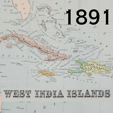 1891 CUBA PUERTO RICO CARIBBEAN HAITI WEST INDIA MAP ANTIQUE COLOR VICTORIAN ERA