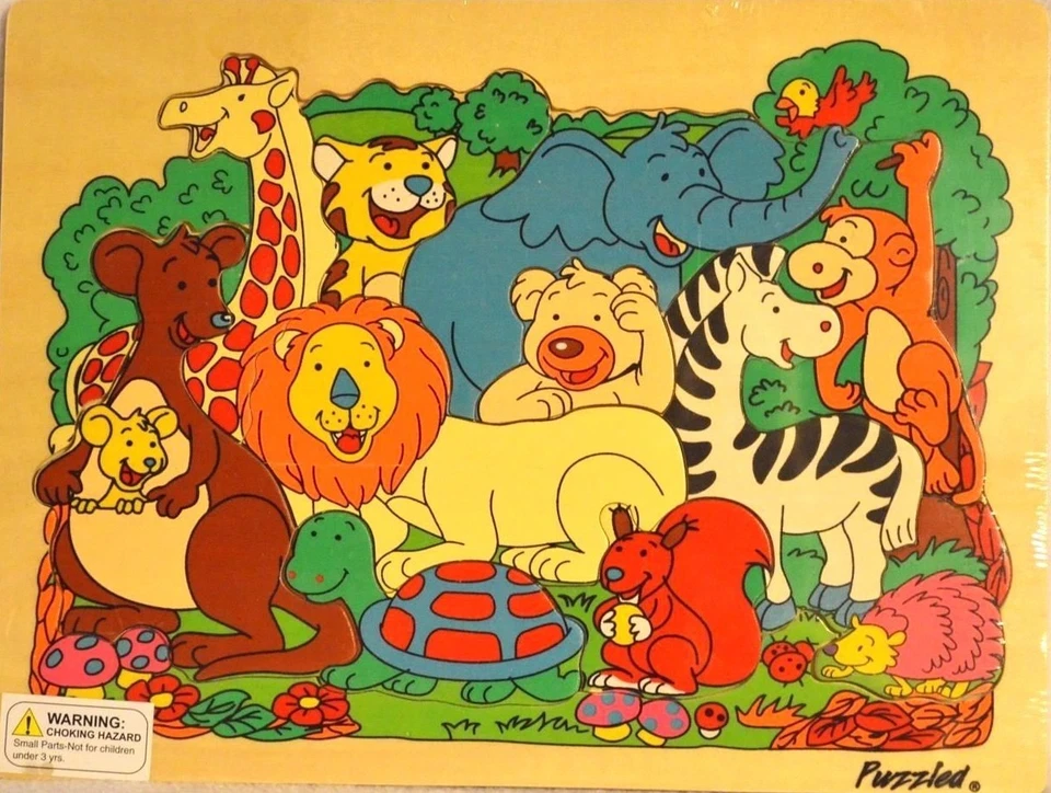 SAFARI ANIMALS 13pc Raised Wood Puzzle 11.75x9 Educational Toy Wooden Game Age3+ - Image 1 of 1