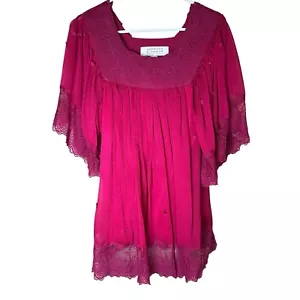 American Glamour Badgley Mischka Pink Lace Bell Sleeve Tunic Top Dressy Sz Small - Picture 1 of 7