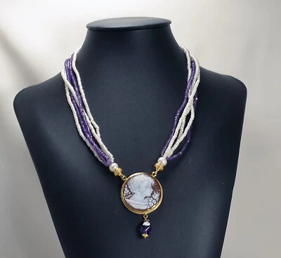  COLLANA ARGENTO DORATO CAMMEO SARDONICO PERLE BIANCHE E  AMETISTA - AGLN 0169 - - Immagine 1 di 3