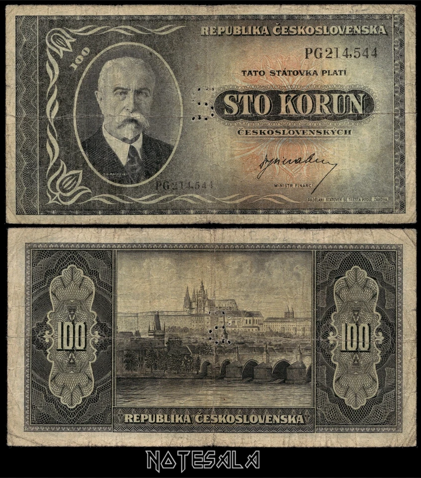Czechoslovakia 100 Korun 1945 Pick-63as FINE CIRCULATED SPECIMEN Perforated - Image 1 of 1