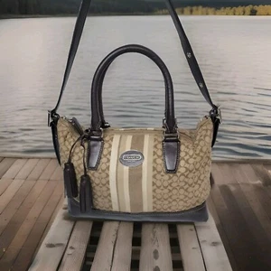 Coach Bag 19916 Legacy Signature Stripe Medium Candace Khaki Fabric Tote Bag - Picture 1 of 13