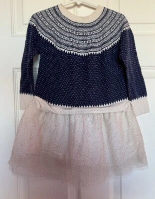Niñas Gap Azul Marino Blanco Fair Isle Suéter Vestido Tul Punto Dorado Falda Talla 4 4T Foto 1 de 4
