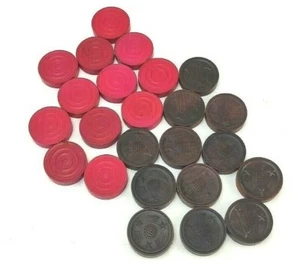 Wood Embossed Checkers 24 Pieces Dark Brown & Red/Pink Vintage Used Condition - Picture 1 of 5