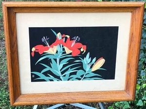 TOKURIKI TOMIKICHIRO Original 1950s JAPANESE WOOD BLOCK MODERN MCM Tiger Lily - Picture 1 of 11