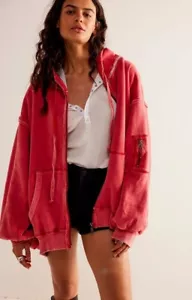 Free People By Your Side Lined Hoodie Cherry Crush Red Gray Thermal Lined S NEW - Picture 1 of 8