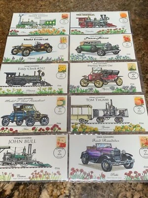 SET OF 10 FDC Collins Hand painted #4754-4763 Seed Packets, Vintage Cars & RR's - Image 1 of 4