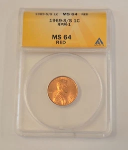 1969-S/S ANACS MS64 RED RPM-1 Lincoln Memorial Cent Penny Error Coin - Picture 1 of 2