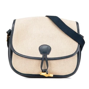 HERMES Duffle Shoulder Bag Beige Navy Leather Toiled - Picture 1 of 12
