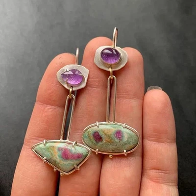 Brincos femininos de gota de pedra em tom de prata esculpidos roxos redondos joias vintage - Imagem 1 de 4