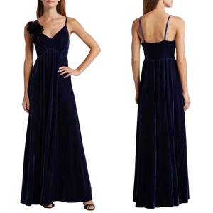 NEW CHELSEA28 Navy Night FLOWER Patch CAMISOLE Slip VELVET Maxi Dress GOWN M - Picture 1 of 13
