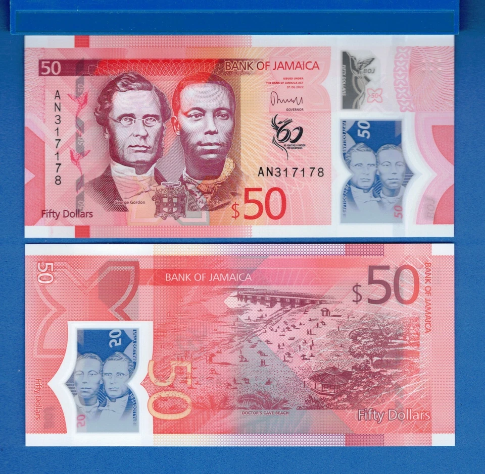 Billete conmemorativo de polímero sin circular Jamaica P-96 50 dólares año 2022 Foto 1 de 1
