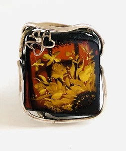 Big 1 1/2" Wide Silver Tone Reversed Carved Amber & Gold Butterfly Ring Size 7.5 - Picture 1 of 11