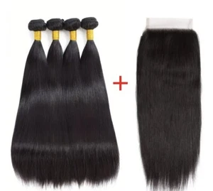 Brazilian Human Hair Bundles with Lace Closure 4*4  Remy Virgin Hair 16" 5pcs - Picture 1 of 7