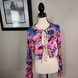 ZARA Crop-Top Satin-Optik rosa Blumenmuster vorne zum Binden Langarm Damen XS - Bild 1 von 8