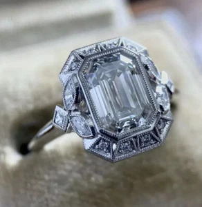 Art Deco Style 3.20Ct Created Diamonds Halo Wedding Ring 14K White Gold Finish - Picture 1 of 3