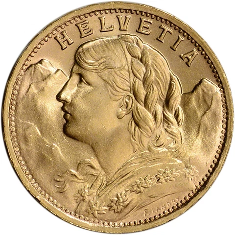 Swiss Gold 20 Francs (.1867 oz) - Helvetia - BU - Post 1933 - Random Date Cover