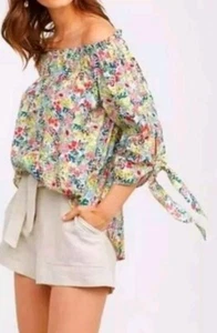 NWT H&M Off The Shoulder Women’s Top Size 6 Floral Tie Slvs Elastic Upper Edge - Picture 1 of 15