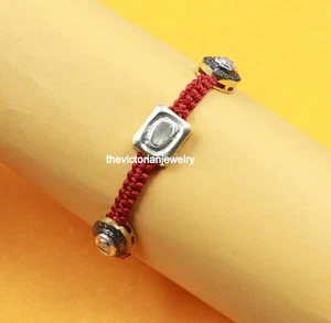 Genuine Pave Diamond Macrame Thread Bracelet 925 Silver Gold Plated Polki Beads - Picture 1 of 11