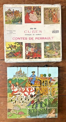 Ancien puzzle jeu cubes bois et couleurs Contes Perrault Edition Vera COMPLET. - Photo 1/4