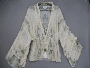 Camilla Top Womens Medium Beige Lace Trim Floral Silk Floral Pleated Tie Balloon - Picture 1 of 22