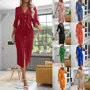 Womens Belted Button Up Midi Dress Ladies OL Work Office Long Sleeve Bodycon - Picture 1 of 32