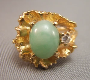 14K Gelbgold Jade und Diamant Freeform Ring Größe 6,25 4,5 g Blue Fire - Bild 1 von 6