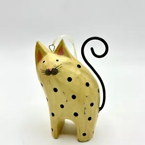 Kitty Cat Christmas Ornament Wood Folk Art Yellow w/ Black Spots Metal Tail - Picture 1 of 6