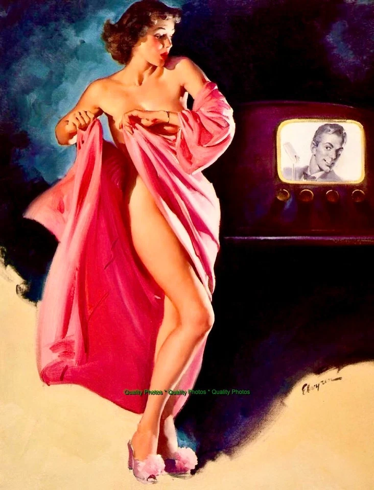 Impressão fotográfica mulher de toalha assistida por sua televisão 8,5x11" Gil Elvgren pinup - Imagem 1 de 1