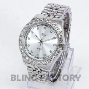 Luxury Hip Hop Lab Diamond Silver PT Bling Iced Metal Band Wrist Fashion Watch - Picture 1 of 2