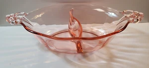 Vintage Pink Pressed/Art Glass Divided Candy Nut Dish Ornate Handles 8.75 x 2'' - Picture 1 of 4