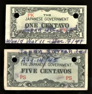 WW2 Vintage Japanese Gov Note (2) 1 & 5 Centavos - Hand Written Historic Dates - Picture 1 of 2