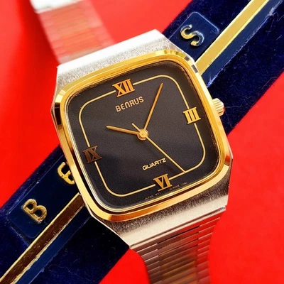 Increíble reloj Benrus Tank esfera negra número romano conjunto completo pulsera vintage Foto 1 de 4