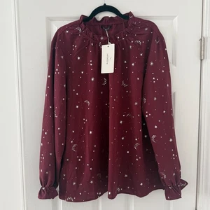 Bloomchic Womens Plus Size Top 2X Burgundy Star Moon Long Sleeve Astrology 18/20 - Picture 1 of 7