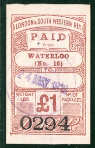 GB LSWR RAILWAY Parcel Stamp £1 High Value Waterloo 1918 Used {samwells}SILVER91 - Picture 1 of 10