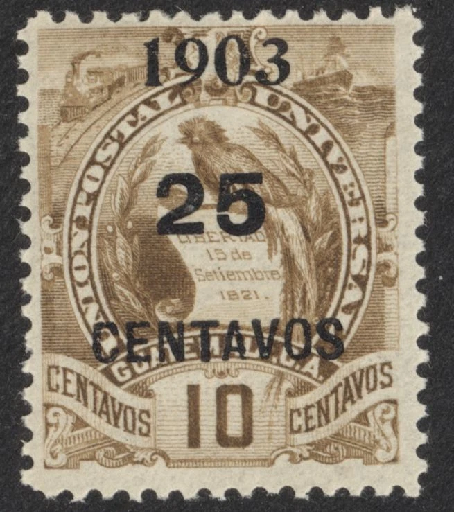 Guatemala #127 Amarillo Marrón Negro Recargo 25c sobre 10c Quetzal 1903 Sello MLH Foto 1 de 1