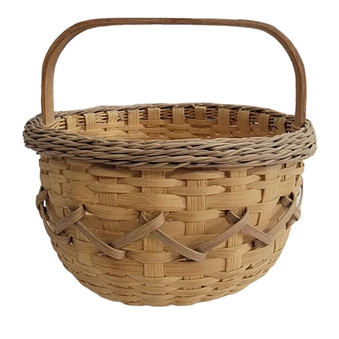 Vintage Hand Woven Oak Splint Basket Sturdy 8" x 7" Farmhouse Country  Rustic Cover